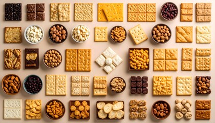 Overhead shot of a variety of crackers and snacks arranged on a beige surface.