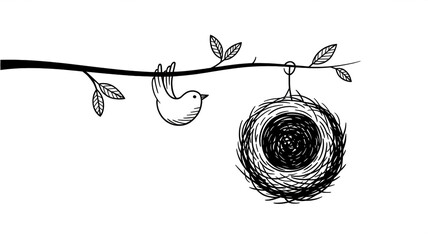 A minimalist black and white line drawing of a bird's nest hanging from a horizontal branch.