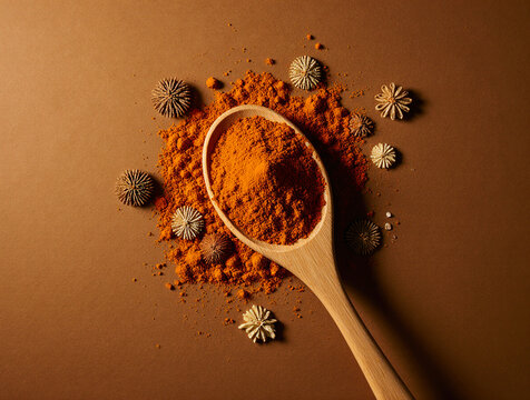 Wooden spoon filled with vibrant orange spice powder surrounded by whole spices