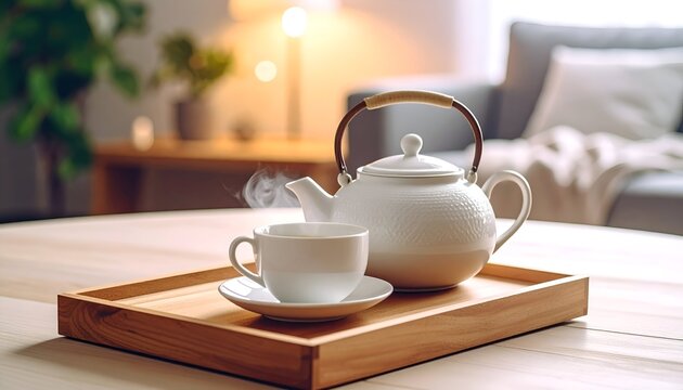 Steaming hot tea in a white ceramic teapot and cup on a wooden tray in a cozy home setting. - Powered by Adobe