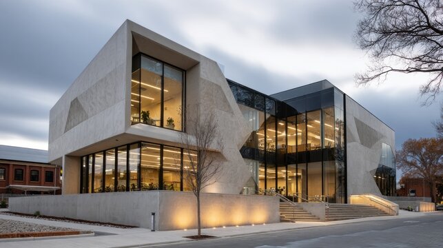 This contemporary two-story building serves as a community hub, attracting visitors with its sleek design and warm atmosphere. People gather for events, meetings, and activities throughout the day