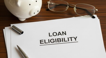 Loan eligibility document with a piggy bank and glasses on desk 