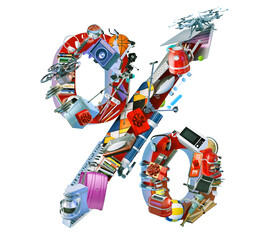 3D percent sign made of household appliances, electronics, gifts, gadgets. Symbol of sale, percentage,discount, promotion, online shopping, black friday. Retail commerce concept with consumer products
