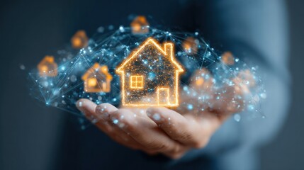 Connected Real Estate Concept: A person's hand cradles a glowing, digital representation of a house, symbolizing the intersection of technology and the real estate industry.