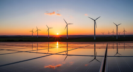 Sunset over a vast renewable energy landscape, showcasing modern wind turbines and reflective solar panels, symbolizing a greener, sustainable future