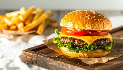 A delicious classic cheeseburger with lettuce, tomato, and cheese, served with a side of golden french fries on a wooden board.