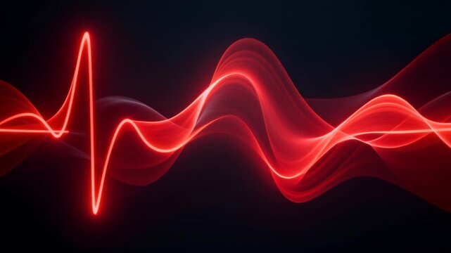 abstract glowing red waves flowing rhythmically across dark background in smooth motion, symbolizing human heartbeat and unity