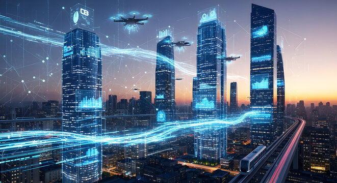 The concept of a smart city at dusk, showing interconnected skyscrapers with holographic data displays and streams of information flowing through the urban landscape
