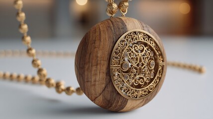 Ornate Wooden Pendant with a Decorative Gold Design on a Fine Gold Chain.