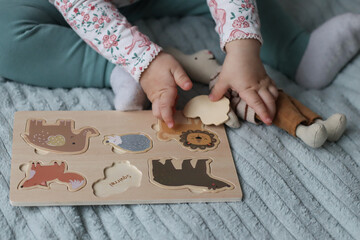 Obraz premium Close-up of child’s hands assembling a wooden animal puzzle on a soft surface indoors. Educational toy for early learning, fine motor skills, and creative play in a cozy home environment.