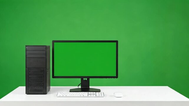 Computer setup on a white desk with a green background.