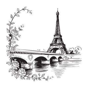 Black and white sketch of Eiffel Tower with bridge and roses Paris France