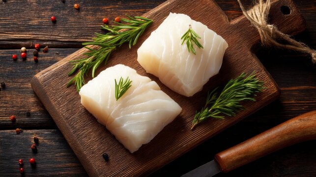 Two succulent raw cod loin fillet steaks rest on a wooden cutting board, elegantly garnished with fresh herbs and a sprinkle of colorful spices, creating an inviting scene for cooking enthusiasts