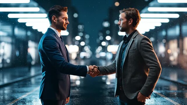 Man and couple stand face to face on wet street at night. Two figures wear suit and stand opposite beneath overhead canopy. Scene shows reflection along pavement. Light grid runs across frame.