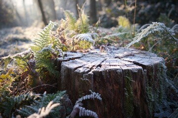 Snow-covered tree stump reveals growth rings in a serene winter landscape surrounded by delicate ferns