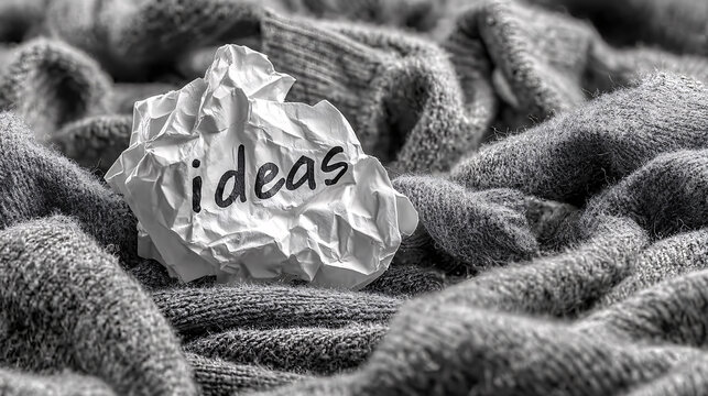 a crumpled piece of paper with the word "ideas" written on it in simple handlettering, in black and white.