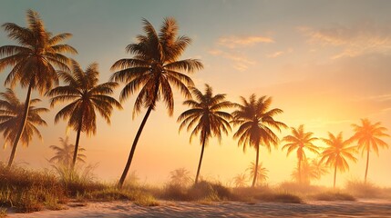 Obraz premium Gorgeous beach with palm trees bathed in golden sunrise light in a beautiful tropical coastal setting