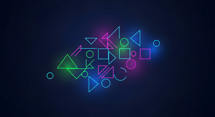 Abstract geometric shapes and lines glowing with neon colors on a dark background