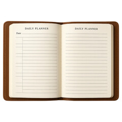 Open Daily Planner Book with Brown Leather Cover