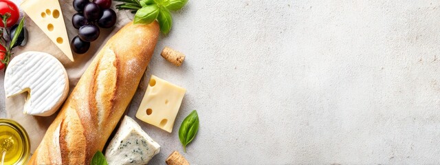 A vibrant assortment of French culinary delights is displayed, showcasing crusty bread, various cheeses, grapes, tomatoes, and fresh herbs, creating a delightful gastronomic scene
