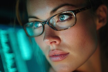 Futuristic digital workspaces: the new era of data analysis. Human touch. Turquoise glow highlights woman's focus on holographic data. Daily life. Feature story.