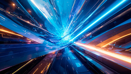 Obraz premium An abstract image with a futuristic composition featuring geometric shapes and dynamic lighting in cool shades of blue, violet, light blue and gold.