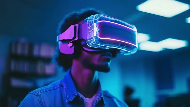 A Young Man's Journey into Virtual Worlds: Exploring Cutting-Edge VR Technology in Futuristic