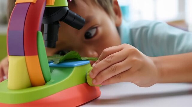 A close up of a childs hands using a colorful educational microscope to examine a leaf specimen concept of childhood curiosity and learning