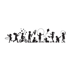 Black silhouettes of children playing with toys and riding bicycles kids