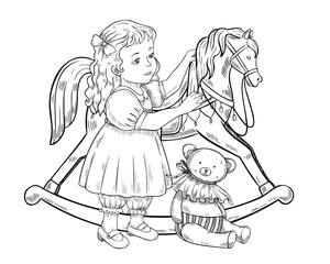 Vector illustration of a girl playing with rocking horse and teddy bear. Vintage Christmas linear drawing for Xmas greeting cards or New Year invitations. Outline art with child and retro toys.