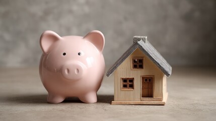 Dream Home Savings: A ceramic piggy bank symbolizes financial security, sitting alongside a miniature house, representing the dream of homeownership. Evoking a sense of planning and future security.