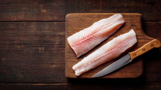 Two fresh raw cod loin fillet steaks lie on a rustic wooden board, showcasing their tender texture. A sharp knife rests nearby, ready for preparation or cooking