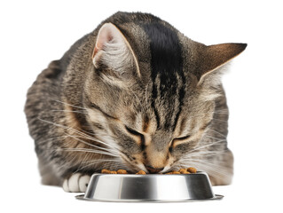 Pet cat isolated, adult cat eating cat food from a food bowl, adorable cat close-up portrait, isolated on a transparent background, professional pet photography, pet food advertising concept