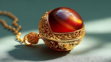 Ornate Golden Jewelry with Red Gemstone and Delicate Chain on a Textured Green .