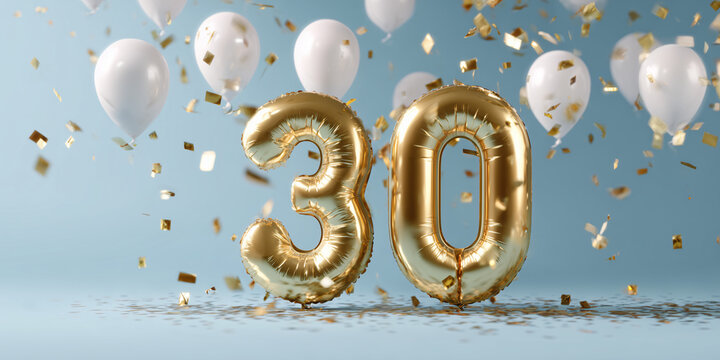 Golden 30 Balloon with Balloons and confetti. A festive scene to celebrate a significant birthday. Balloons float in the background, adding to the joyous ambiance