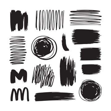 Collection of black hand drawn abstract brush strokes and scribbles artistic background