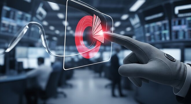 Gloved hand touching a transparent screen displaying a pie chart technology and data analysis concept modern control room backgrou