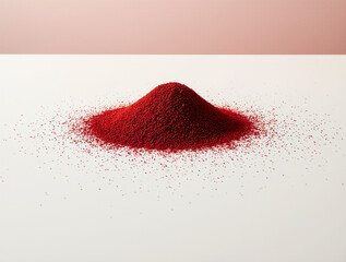Pile of vibrant red spice or powder on a light surface