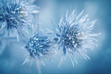 Frozen Thistle Buds Covered in Snow Crystals. Frozen Flowers of January. Very cold weather month of January
