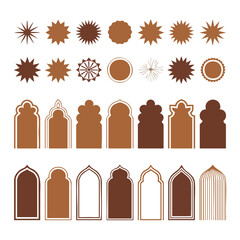 Collection of brown starburst shapes and Islamic arch window frames bronze