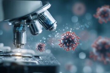 The fascinating world of pharmaceutical research in vibrant blue. Biohazard threat. Converging scientific tools: drugs, glasses, and dna in a teal scene. Contagious agents. Virus spread.