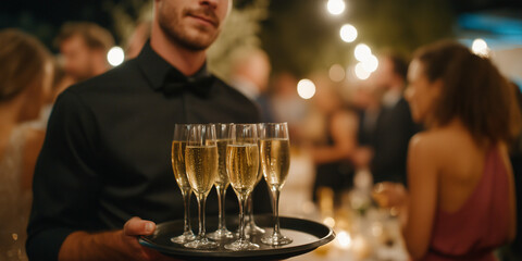 A waiter offering glasses of champagne to the guests at an outdoor celebration. Guests are in the background, out of focus, and the lighting is soft and ambient.