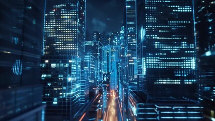 Futuristic smart city at night with glowing blue data lines, depicting a modern digital urban landscape, network communication, and AI technology. - Powered by Adobe