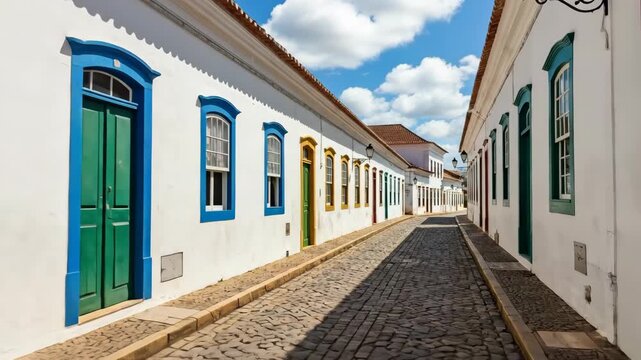 Narrow cobblestone street lined with white buildings and colorful doors under blue sky