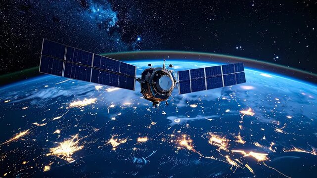 Communication Satellite Orbiting Planet Earth With City Lights Below. - Powered by Adobe