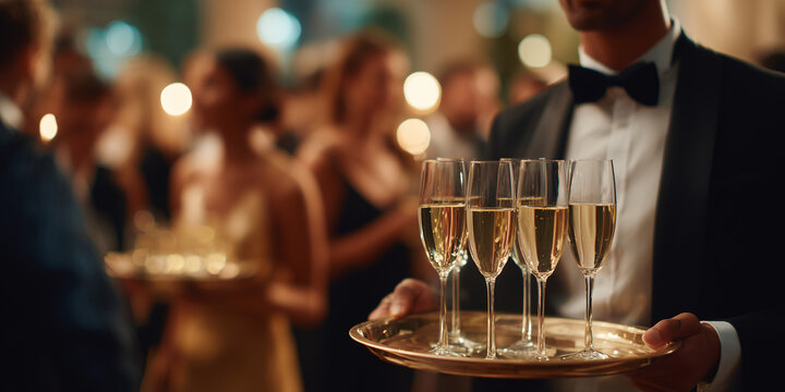 Elegant service: a waiter presents champagne glasses on a tray at a social gathering, with guests mingling in the blurred background.