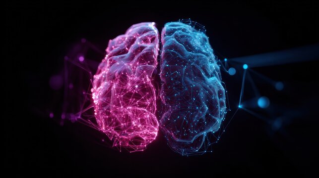 Brain hemispheres: A visually striking artistic representation of the brain, split into two vibrant hemispheres, symbolizing the duality of thought, creativity, and logic.