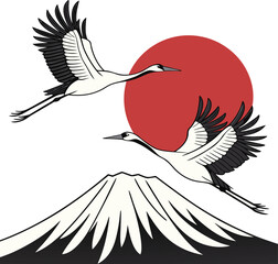 Naklejka premium flying cranes with red sun and snow capped mountain in traditional japanese nature scene