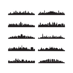 Obraz premium Collection of ten black city skyline silhouettes on white background urban cityscape