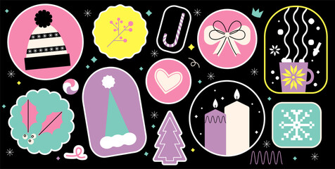 Merry round stickers with cup of hot drink, ginger cookies, holly leaves, Christmas cake, snowflake, candy cane and candles. Minimalist colorful vector design elements for Christmas market, packaging